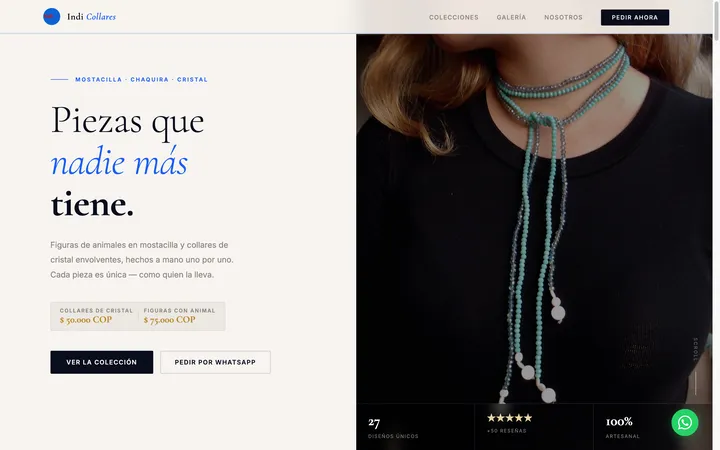 La portada de indicollares.com en computador: “Piezas que nadie más tiene.”